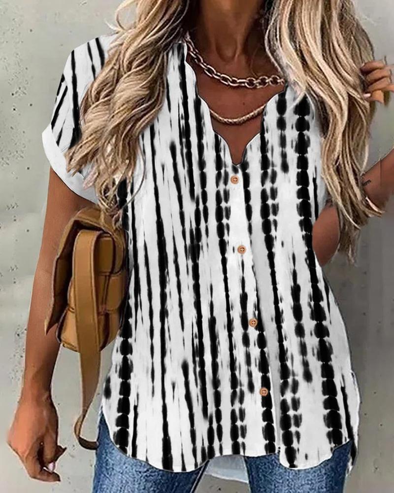 

Tie Dye Print Scallop Trim Buttoned Shirt, White