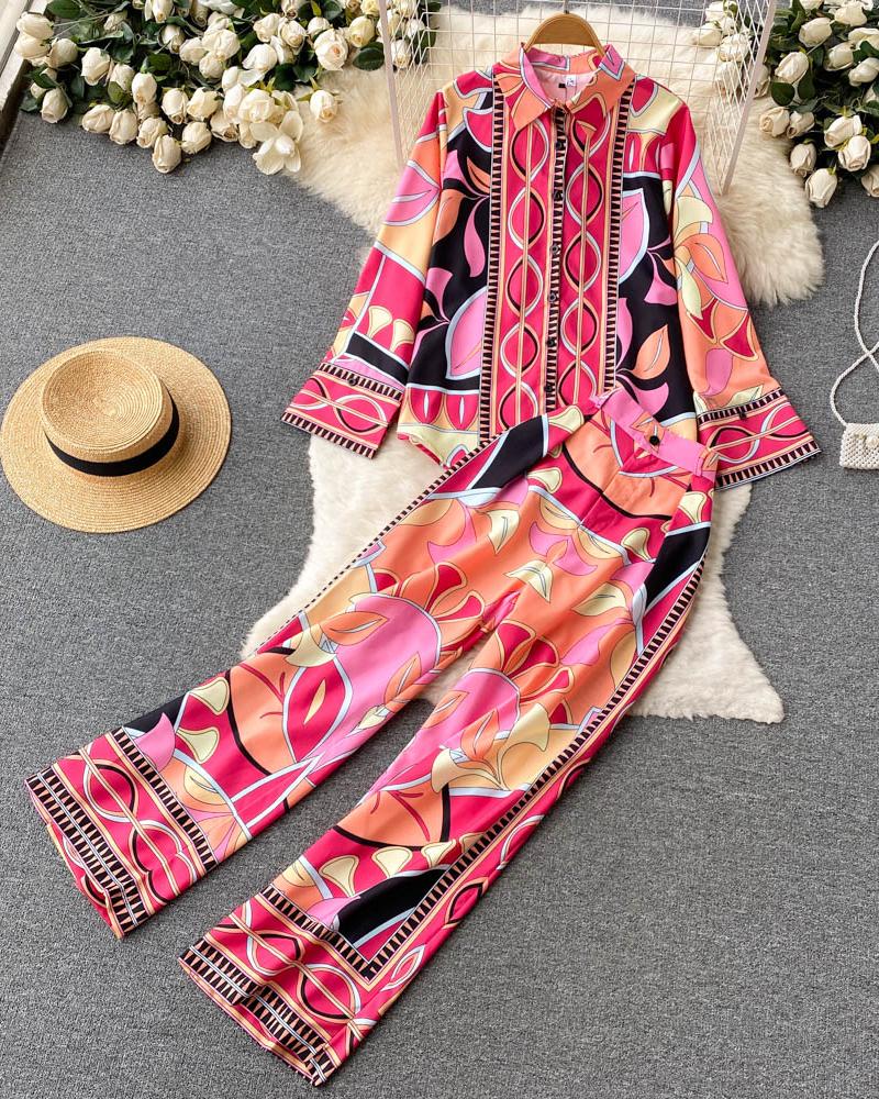 

All Over Print Shirt & Wide Leg Pants Set, Red