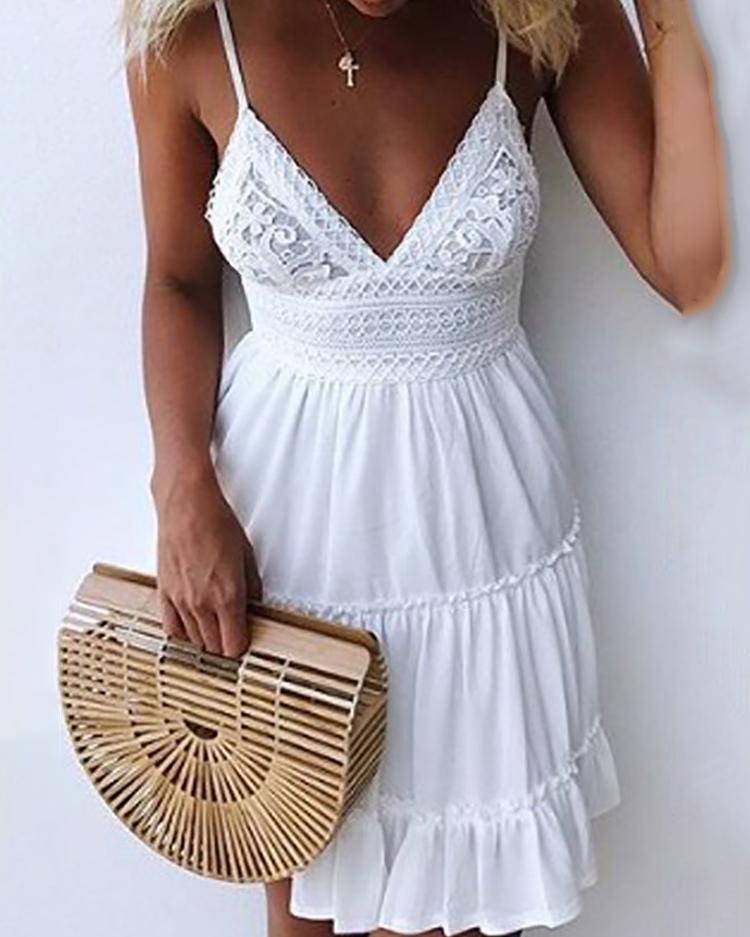 

White Crochet Lace Knotted Open Back Pleated Dress