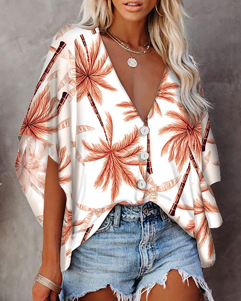 

Palm Tree Print Batwing Sleeve Button Front Top, Orange