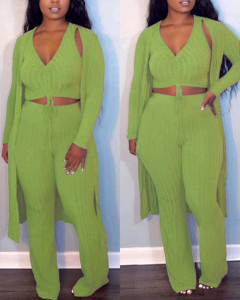

3PCS Ribbed Drawstring Crop Tank Top & Pants Set With Coat, Green