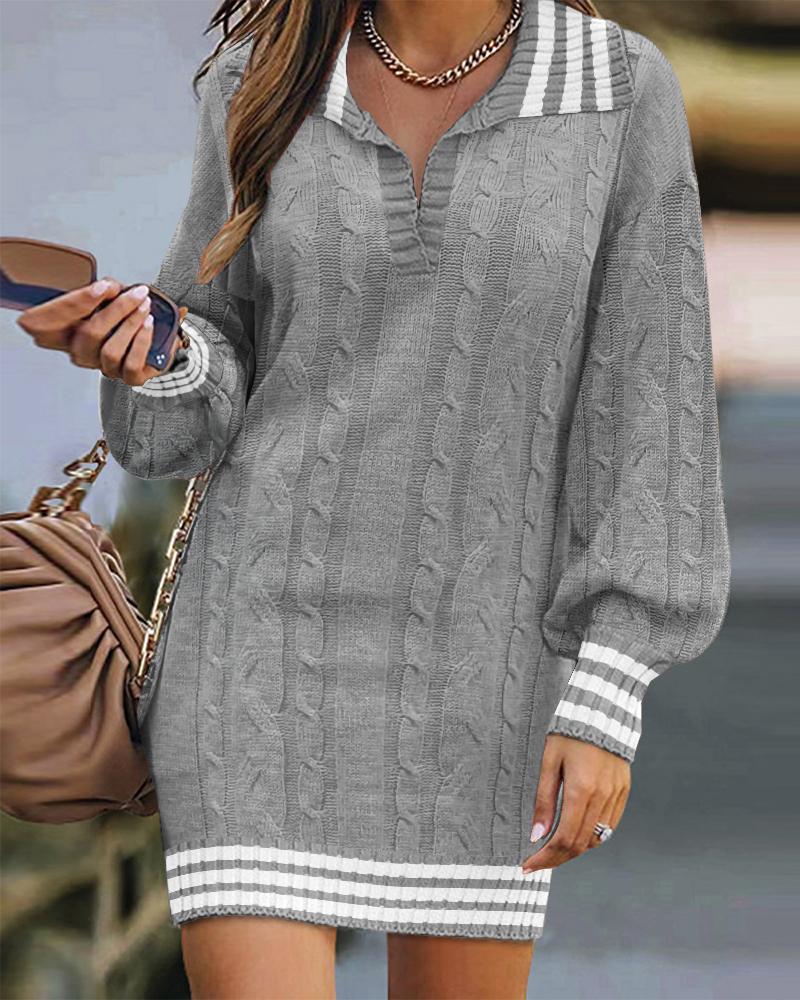 

Striped Lantern Sleeve Braided Dress, Gray