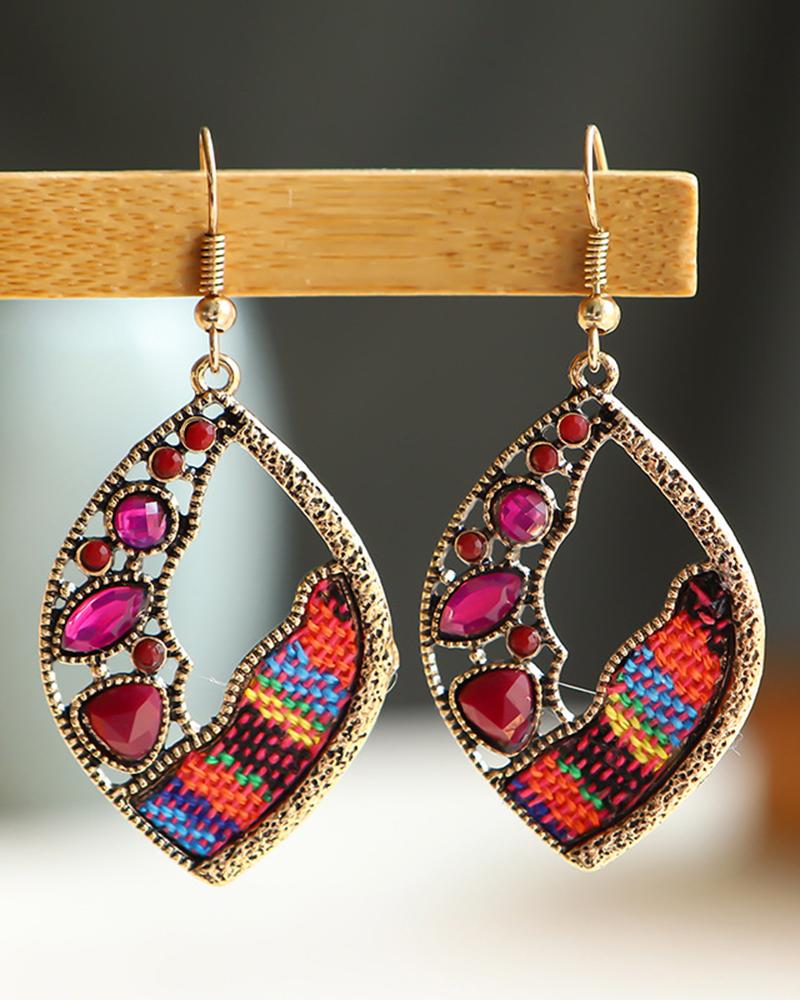 

1Pair Crystal Stone Braided Hollow Waterdrop Dangle Earrings, Red