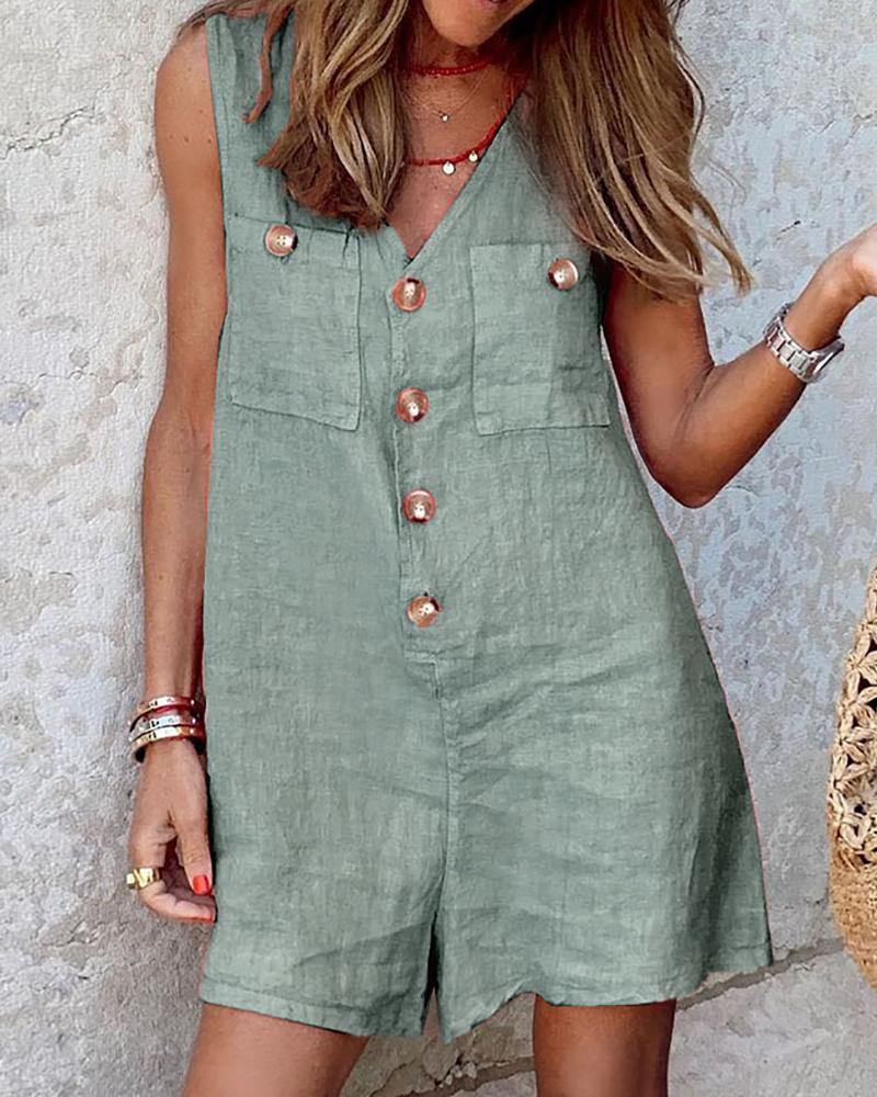 

Button Pocket Design Sleeveless Casual Romper, Green