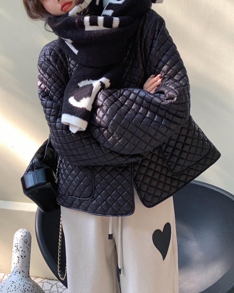 

Argyle Quilted Lantern Sleeve Puffer Coat, Black