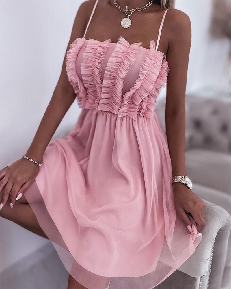 

Sheer Mesh Patchwork Ruched Midi Dress, Pink