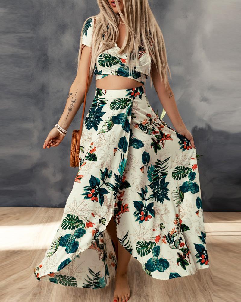 

Tropical Print Crisscross Crop Top & High Slit Skirt Set, Apricot
