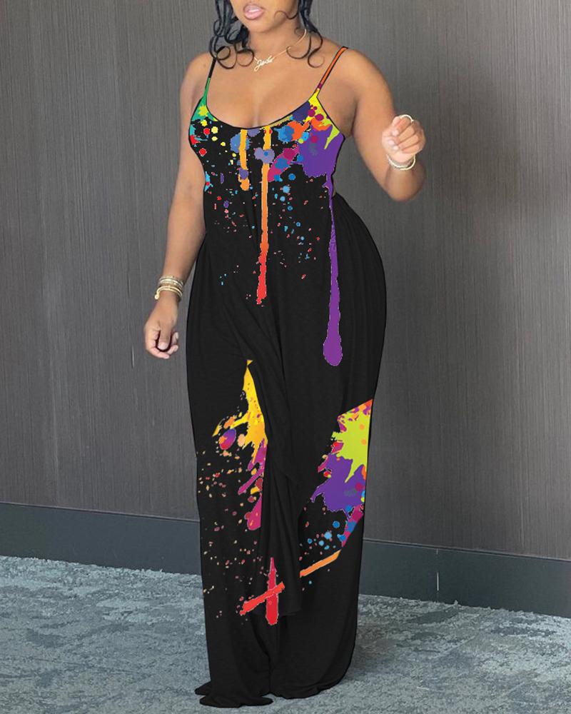 

Ink Splash Sling Backless Blouse With Pants Suit Sets, Black