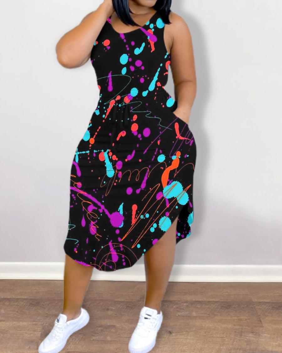 

Ink Splash Print Strap Sleeveless Slim Midi Dress, Black