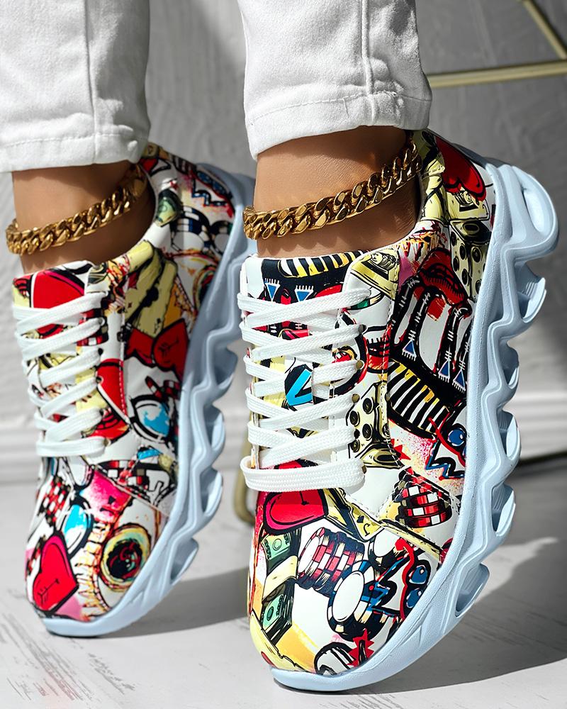 

Cartoon Print Round Toe Lace-up Sneakers, Red