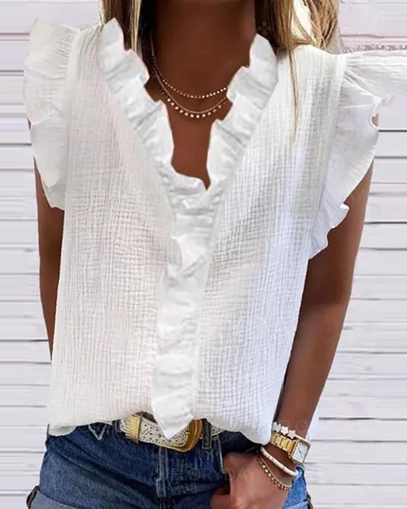

Flutter Sleeve V Neck Ruffles Top, White