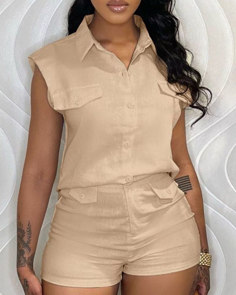 

Pocket Design Top & Casual Shorts Set, Apricot