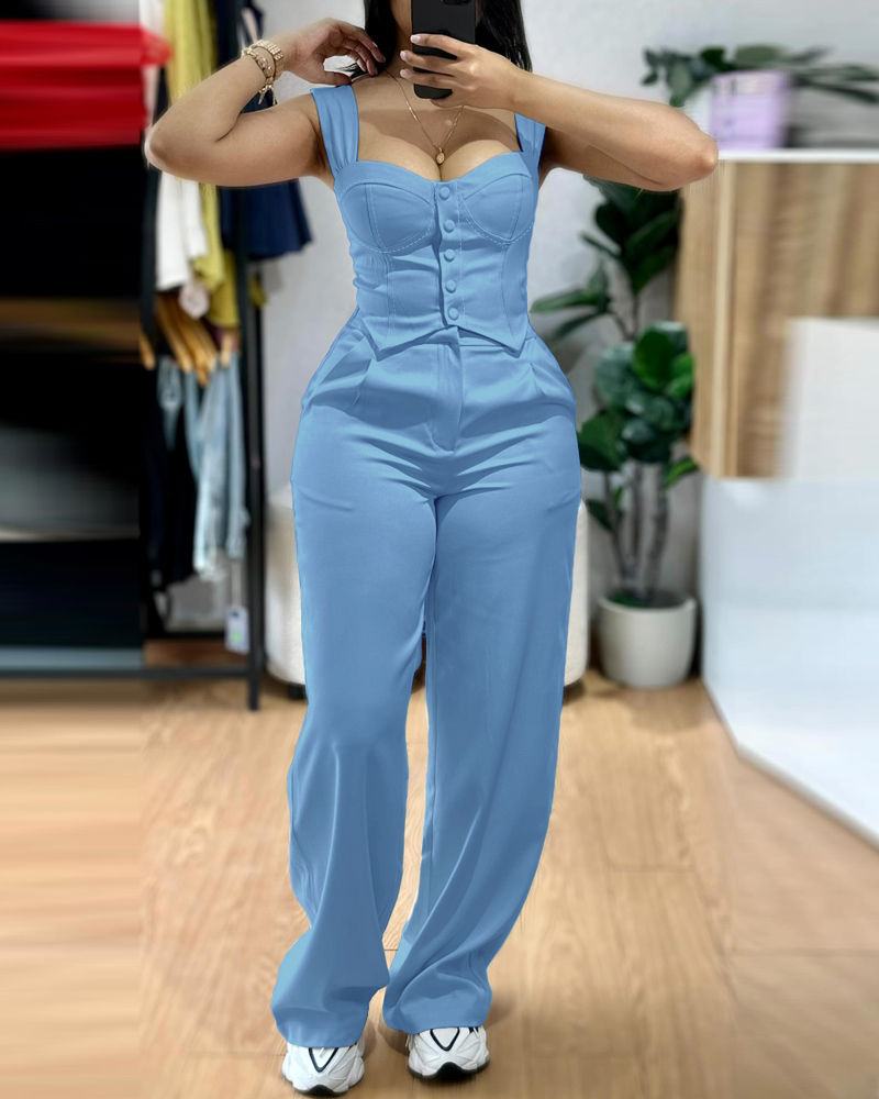 

Conjunto de roupa casual com 2 peças, alça grossa, botão frontal, slim fit, regata, cintura alta, calças largas, Lighted blue