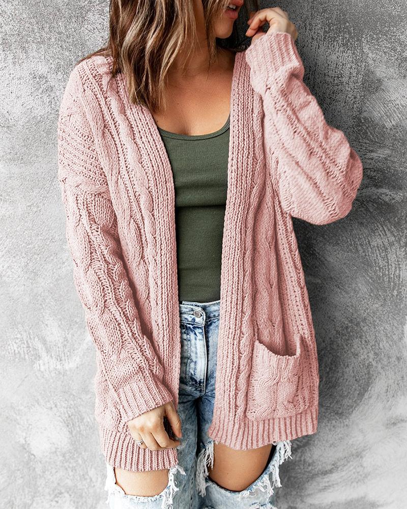

Pocket Design Long Sleeve Braided Knit Cardigan, Pink
