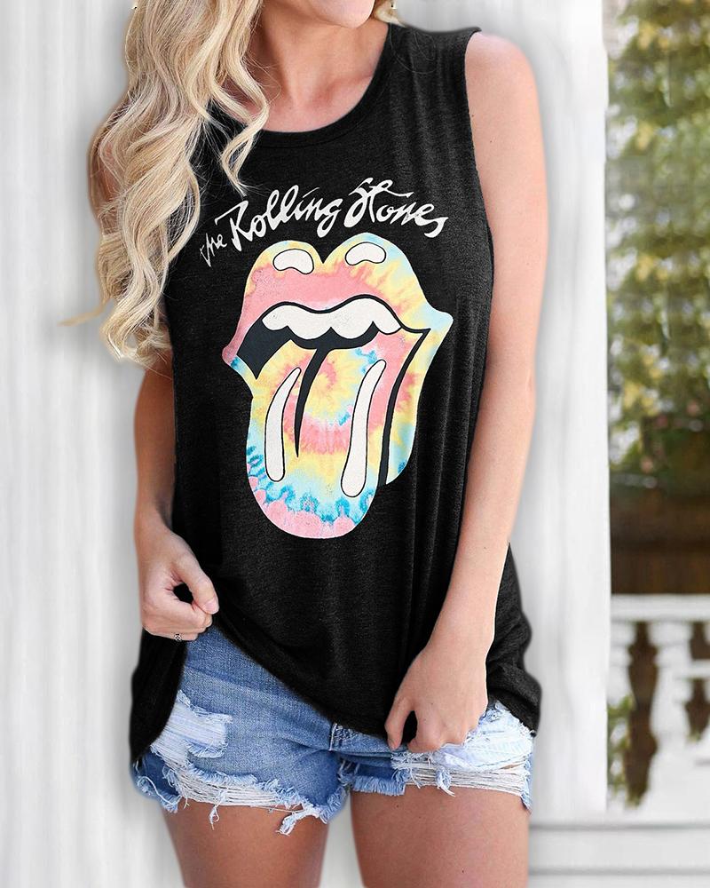 

Letter/Lip/Tie Dye Print Casual Tank Women Top, Black