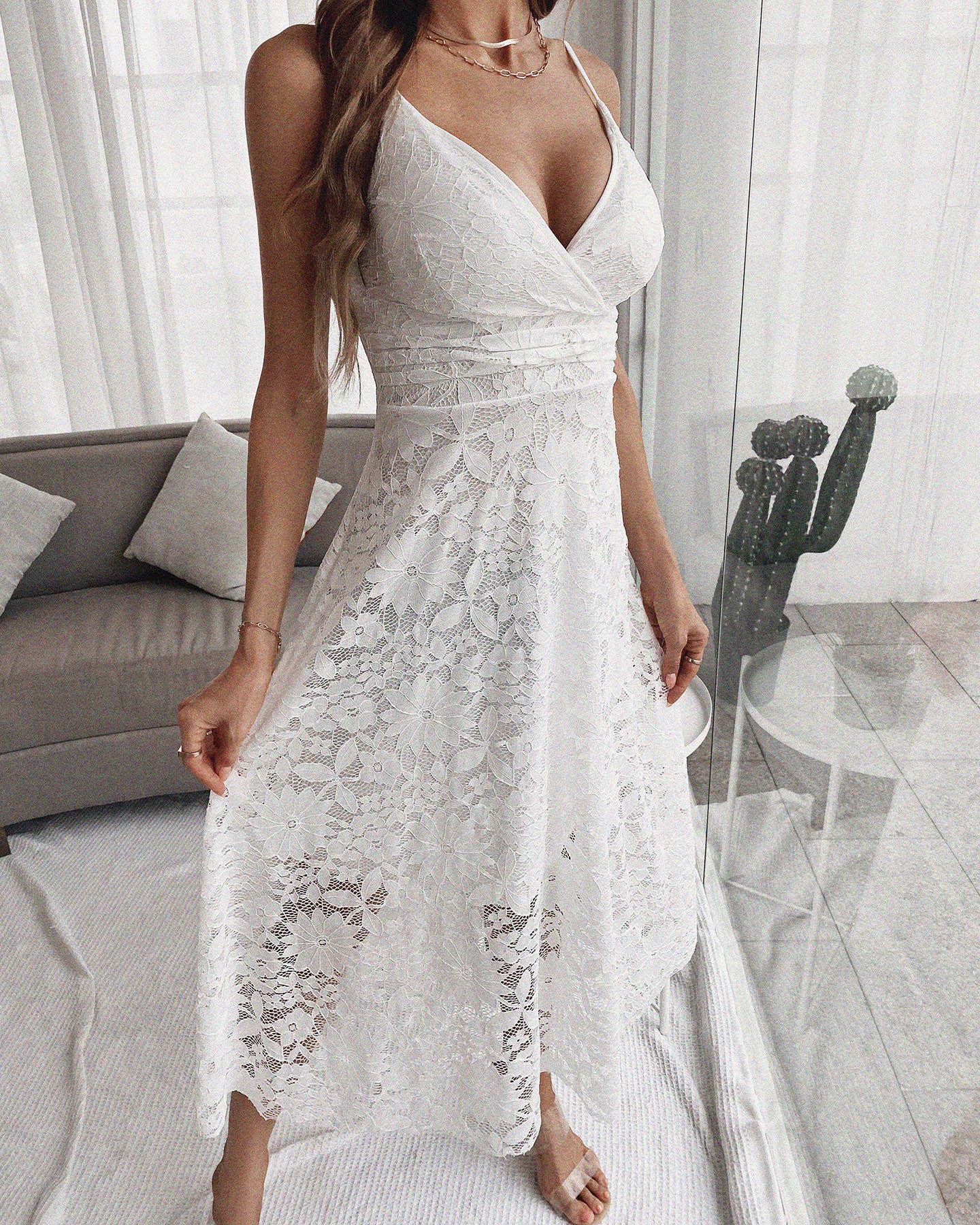 

Spaghetti Strap Crochet Lace Maxi Dress, White