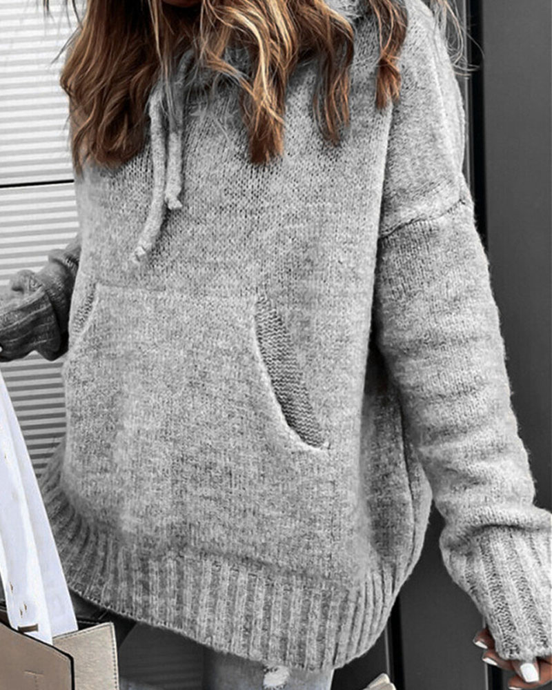

Long Sleeve Pocket Drawstring Hooded Sweater, Gray