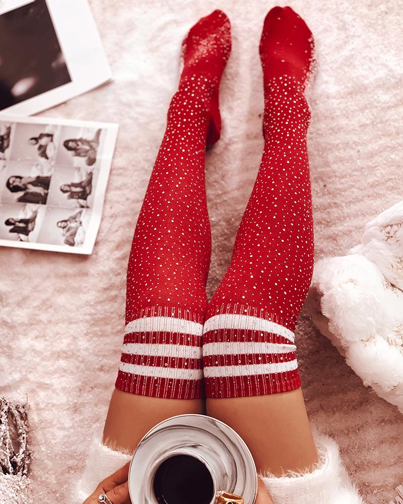 

1Pair Christmas Striped Print Rhinestone Decor Long Socks, Red