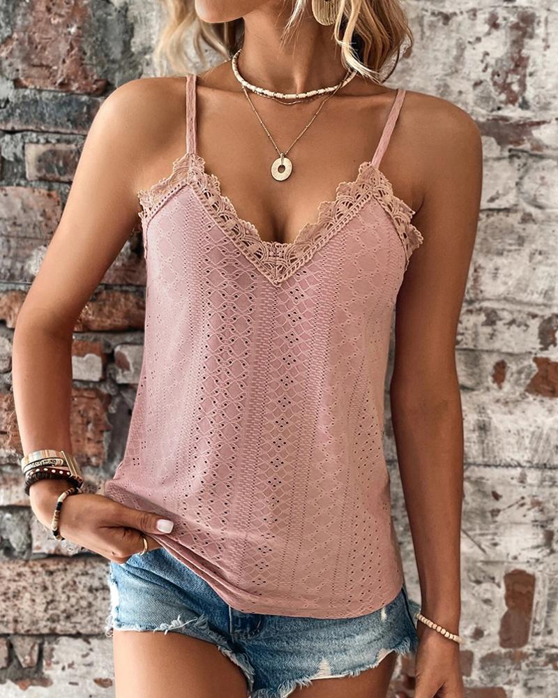 

Eyelet Embroidery Lace Patch Tank Top, Pink