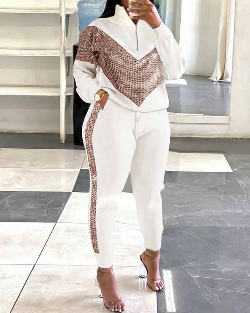 

Contrast Sequin Zip Front Top & Drawstring Pants Set, White