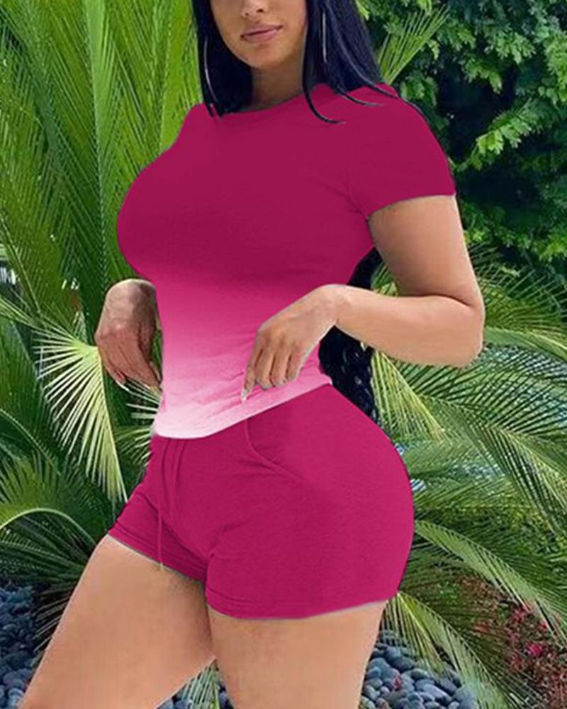 

Ombre Casual Top & Drawstring Shorts Set, Hot pink