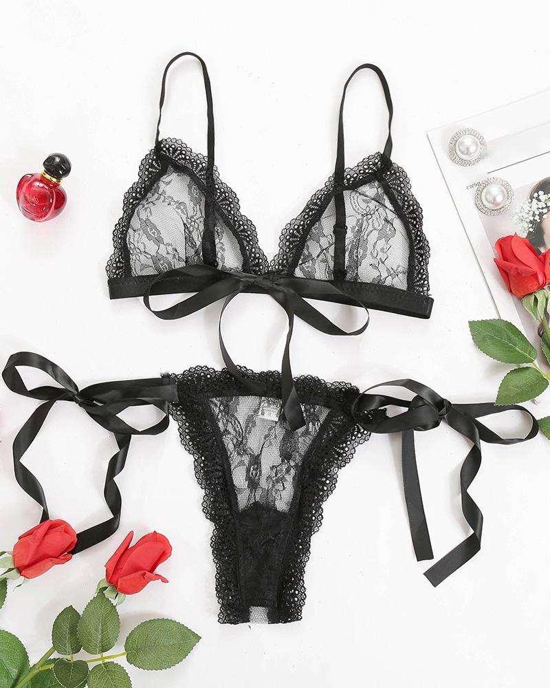 

Crochet Lace Mesh Tied Detail Lingerie Set, Black