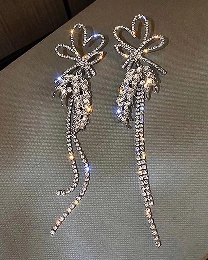 

1Pair Tassel Rhinestone Decor Bowknot Plant Pattern Earrings, Silver