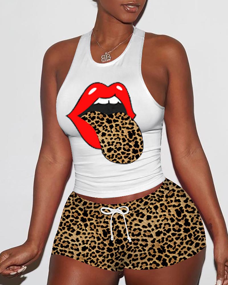 

Lip / Cheetah / Tie Dye Print Top & Drawstring Pants Set, Leopard