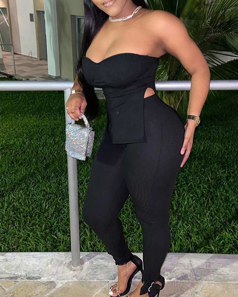 

Bandeau Ribbed Slit Top & High Waist Pants Set, Black