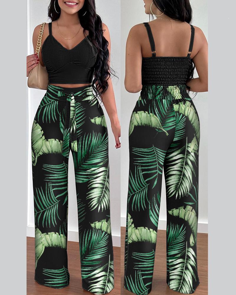 

Shirred Crop Top & Tropical Print High Waist Pants Set, Black