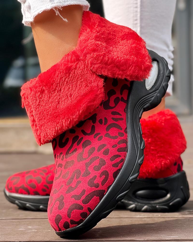 

Leopard Fuzzy Detail Lined Snow Boots, Red