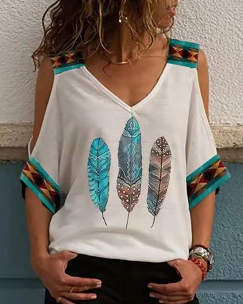 

Vintage Tribal Feather Print Cold Shoulder Top, Style1