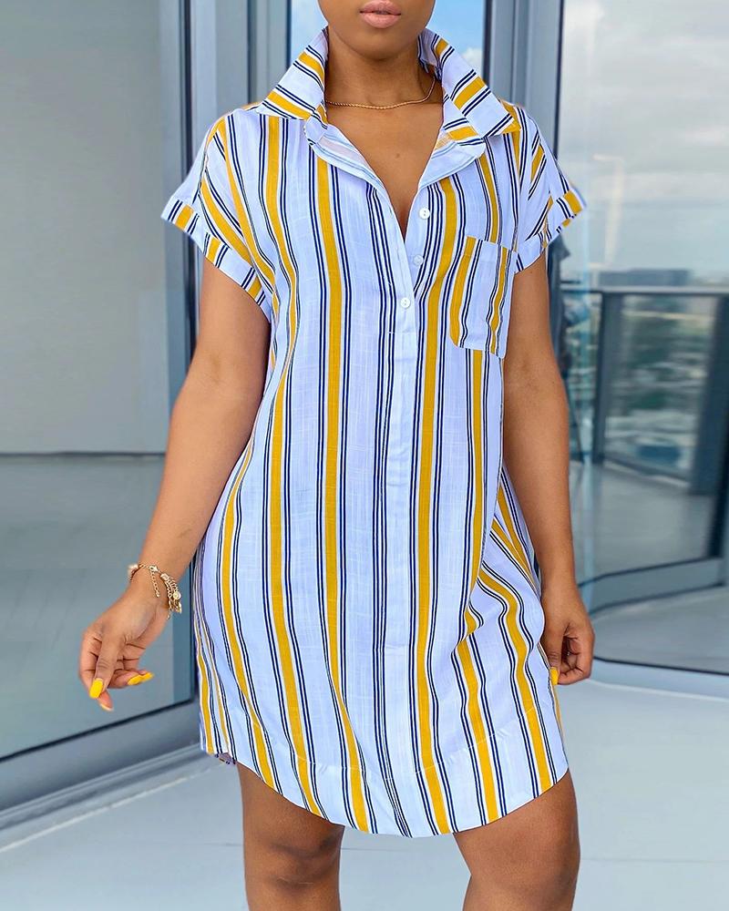 

Striped Colorblock Button Design Shirt Dress, White