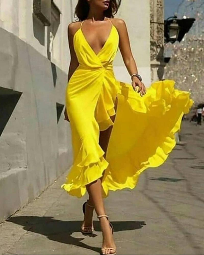 

Spaghetti Strap Ruffles Hem Slit Dress, Yellow