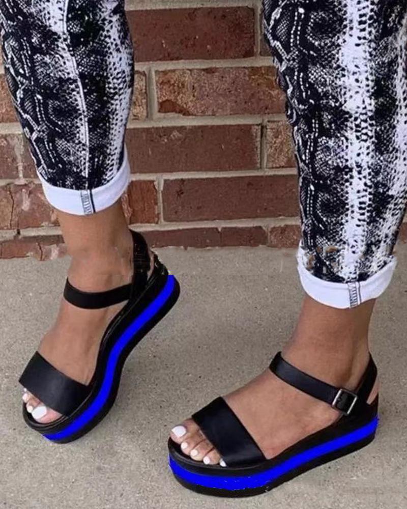 

Round-toe Color Block PU Leather Platform Sandals, Blue
