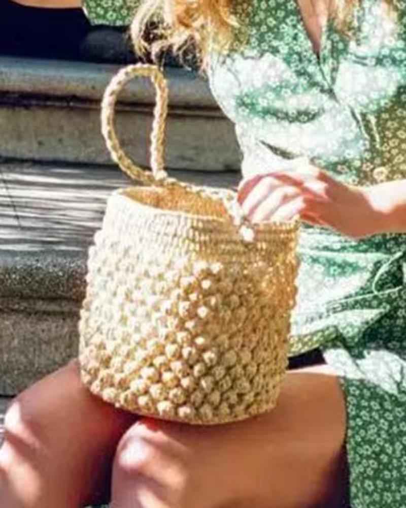 

Top Handle Crochet Bucket Bag, Beige