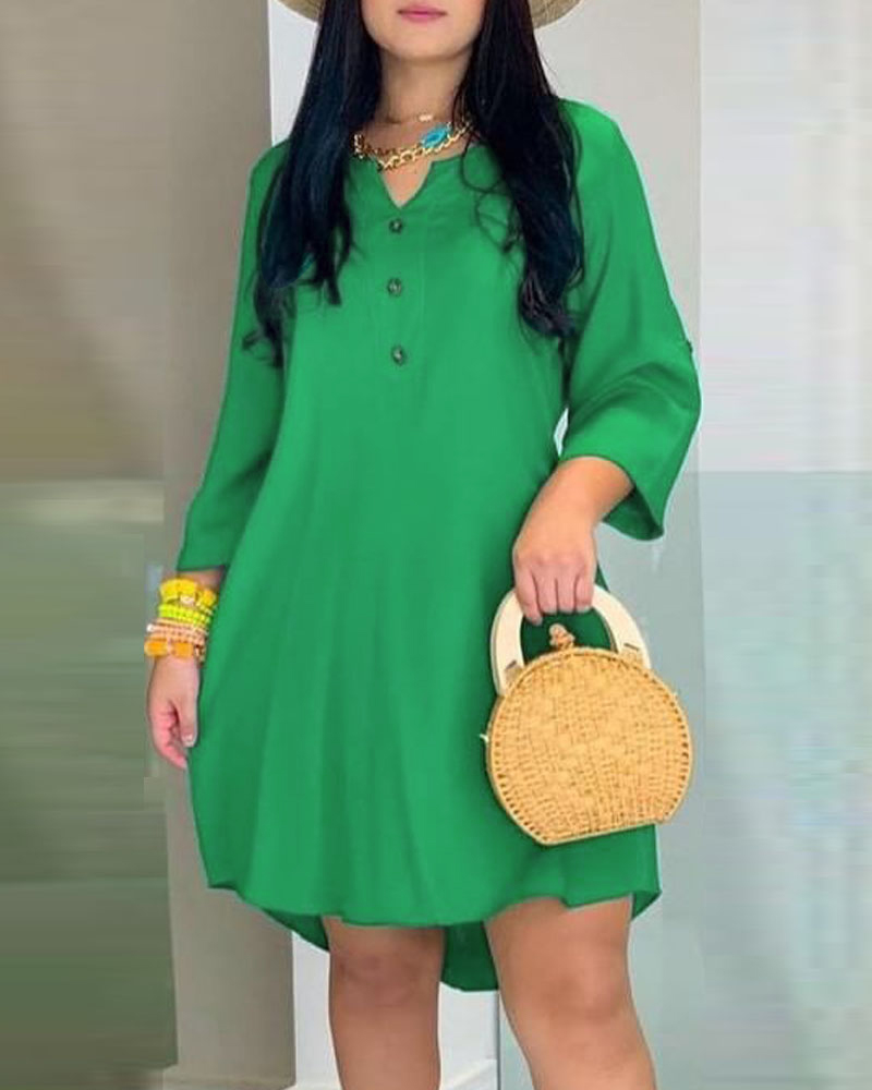 

Button Decor High Low Hem Casual Shirt Dress, Green