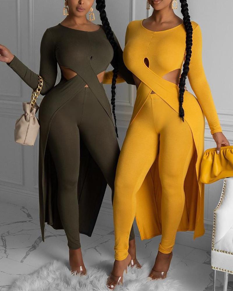 

Solid Cutout Asymmetrical Top & Pants Set, Yellow