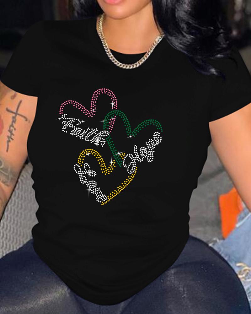 

Rhinestone Letter Heart Pattern O-neck T-shirt, Black