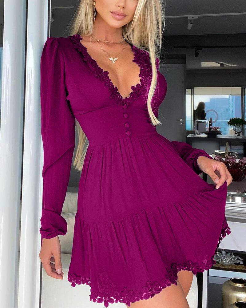 

Solid Long Sleeve Lace Skinny Waist Dress, Purple