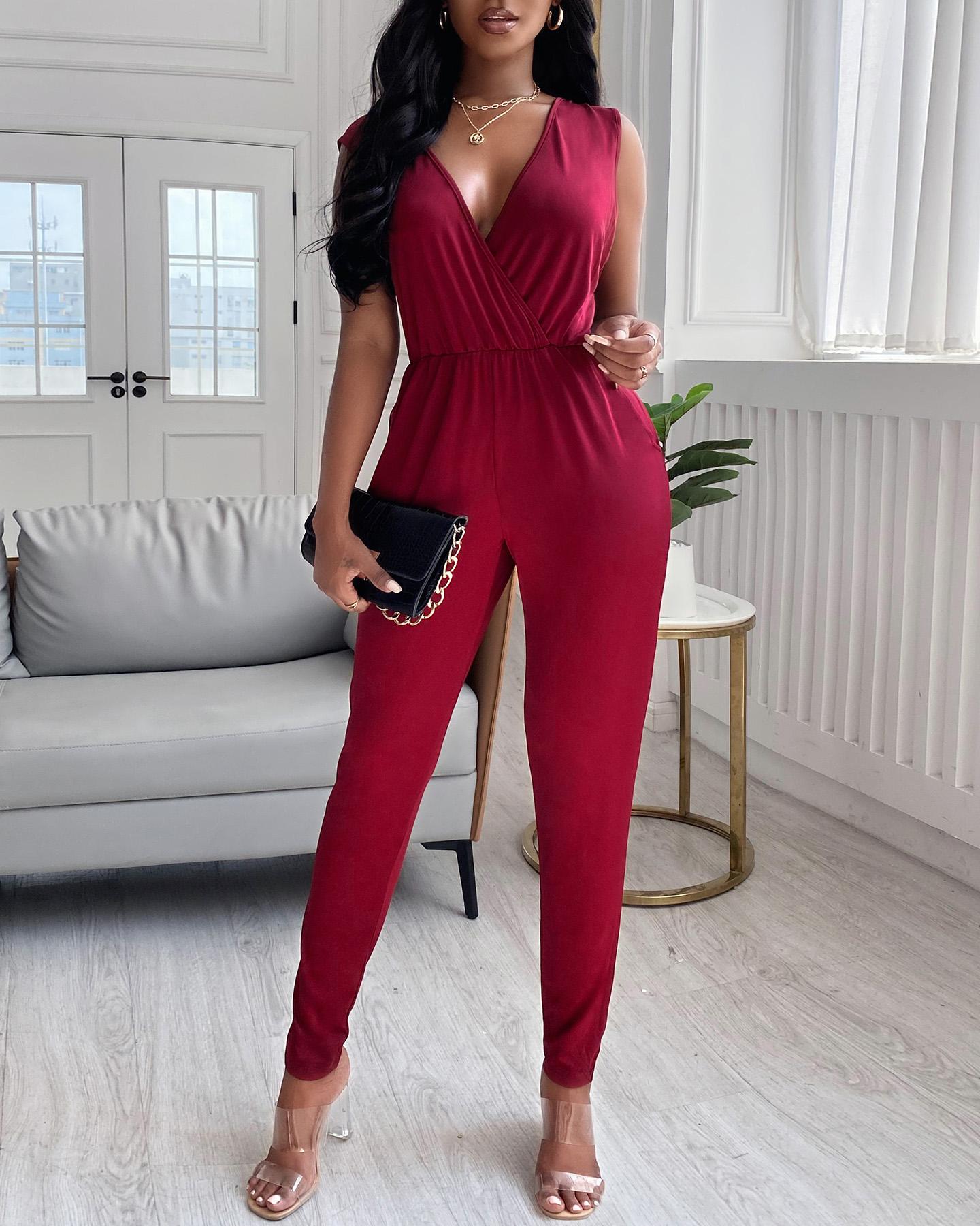 

Plus Size Plain Plunge Pocket Design Jumpsuit, Dark red