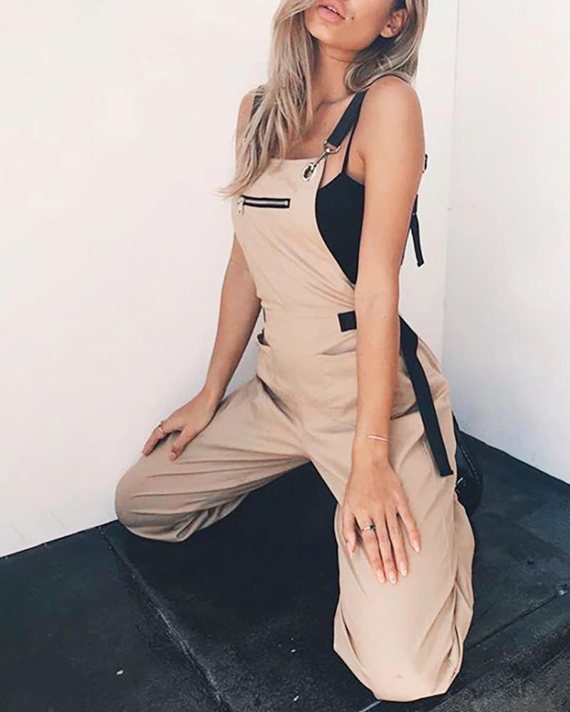 

Hang Buckle Zipper Detail Suspender Jumpsuit, Khaki