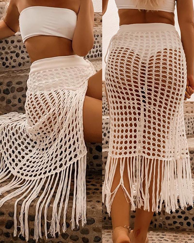 

Hollow Out Crochet Slit Cover Up Skirt, White
