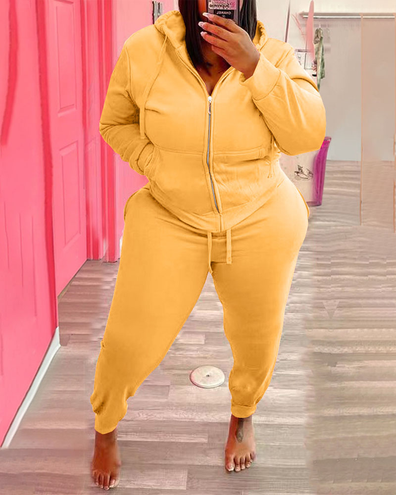 

Plus Size Zip Up Hooded Top & Drawstring Pants Set, Yellow