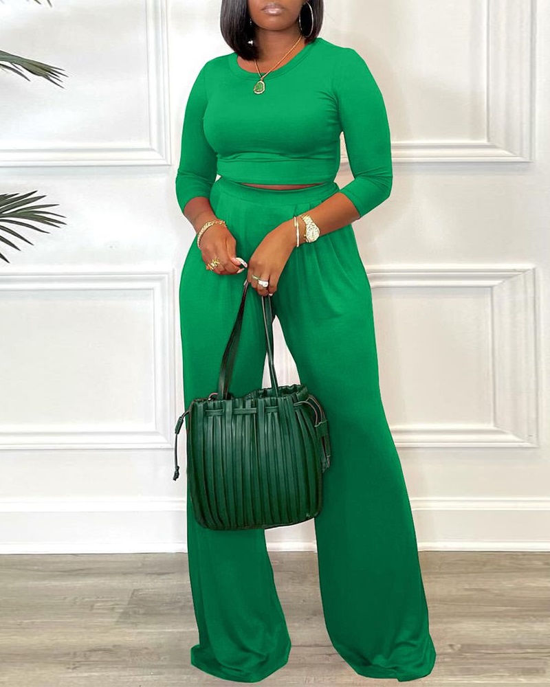 

Plain Crop Top & High Waist Pants Set, Green