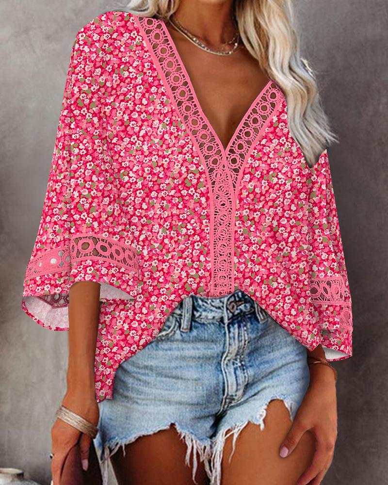 Pink Ditsy Floral Print Hollow-out Bell Sleeve Top