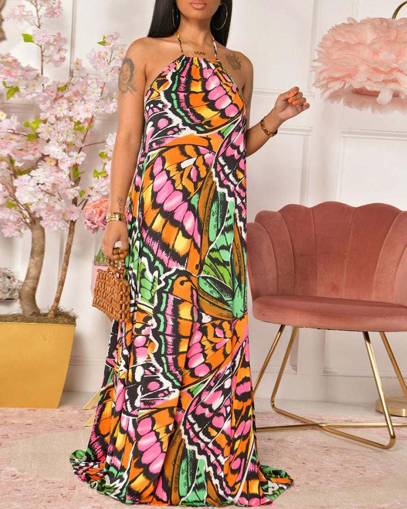 

Butterfly Pattern / Colorblock Halter Backless Maxi Dress, Multicolor