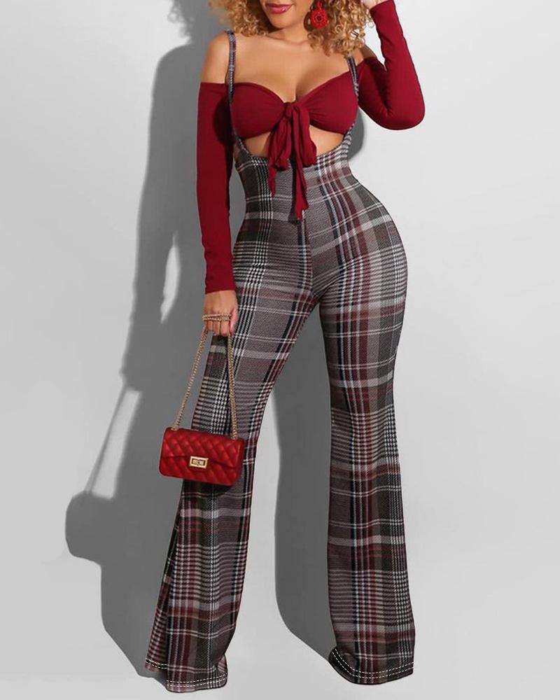 

Plaid Colorblock Suspender Jumpsuit, Gray