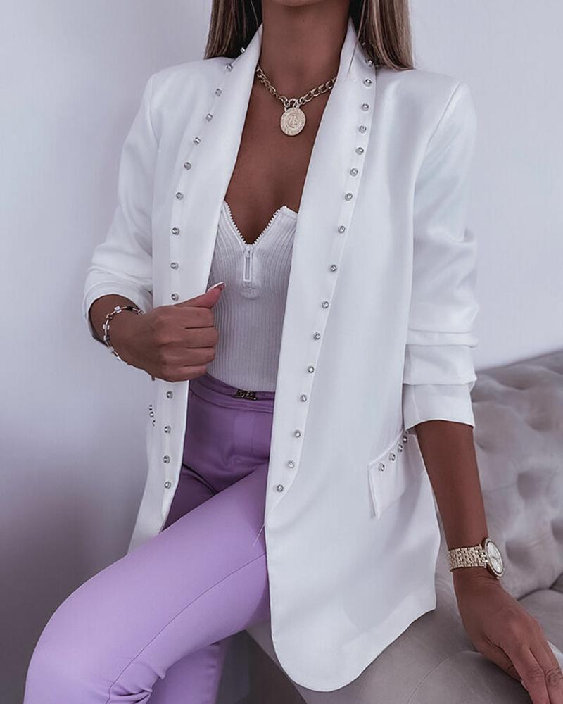 

Studded Shawl Neck Open Front Jacket, White