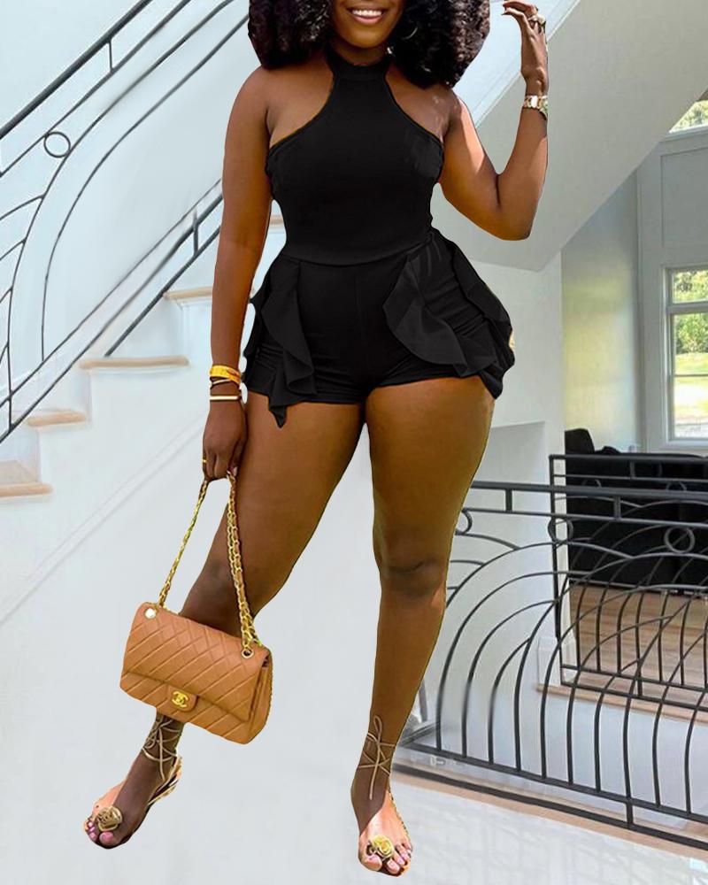 

O-Neck Sleeveless Ruffle Hem Romper, Black